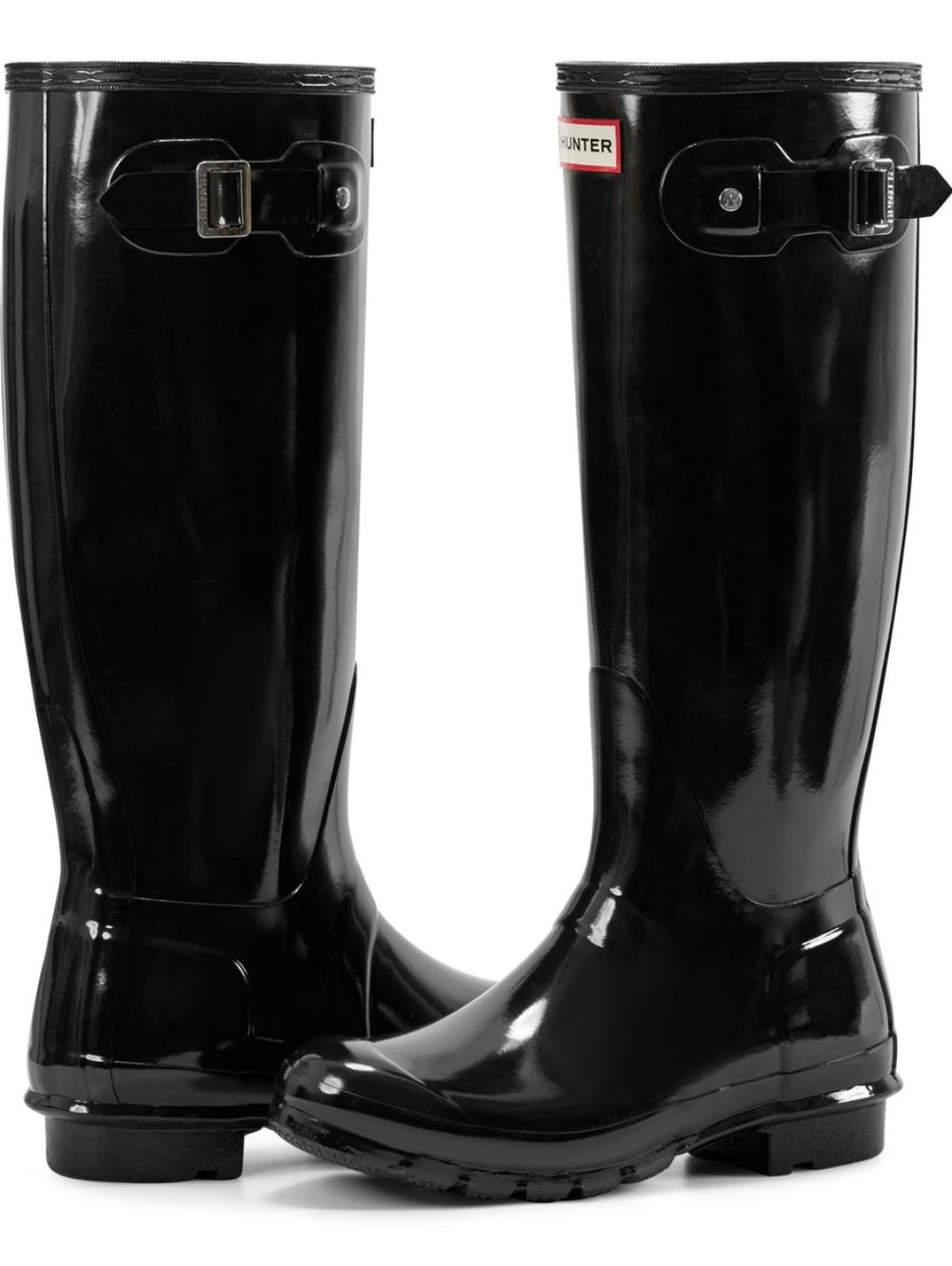 Hunter Black Gloss Tall Rain Boots with Logo Trim - Picture 1 of 16